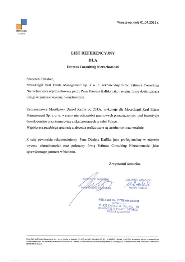 MEREM-list referencyjny dla ESTIMUS CONSULTING NIERUCHOMOŚCI